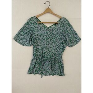 Tara Jarmon Size 4 / 42 Green Clover Print Tie Waist Short Sleeve Peplum Top NEW